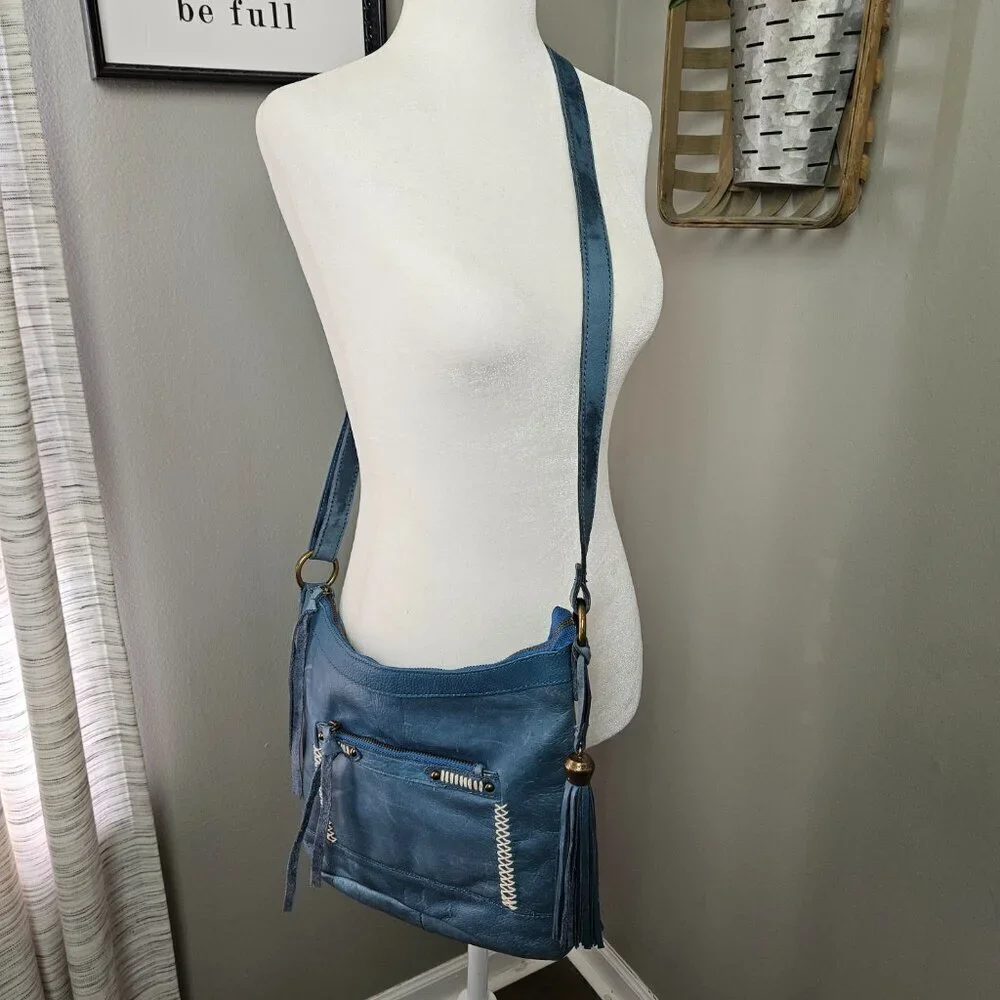 Lucky Brand Boho Blue Leather Crossbody Bag - Picture 2 of 16